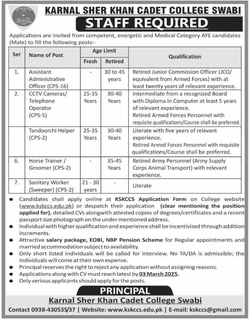 Job Opportunities at Karnal Sher Khan Cadet College Swabi